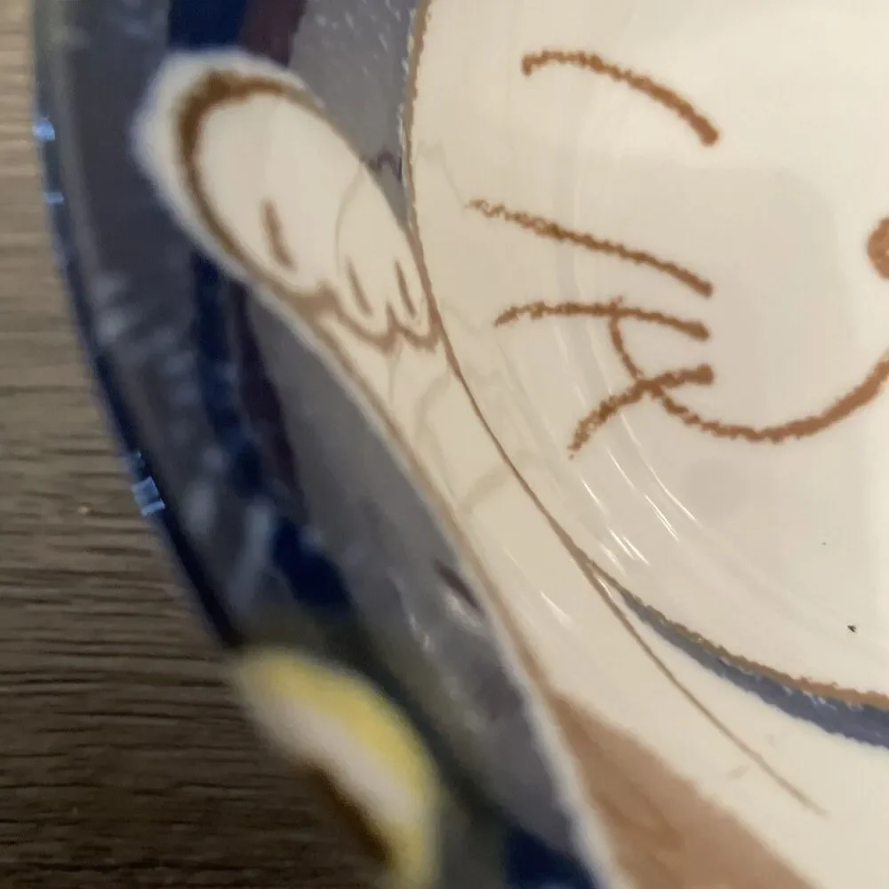 Japanese Porcelain Rice Bowl Blue Cute Kitty Cat Soup Ramen Made in Japan 6”